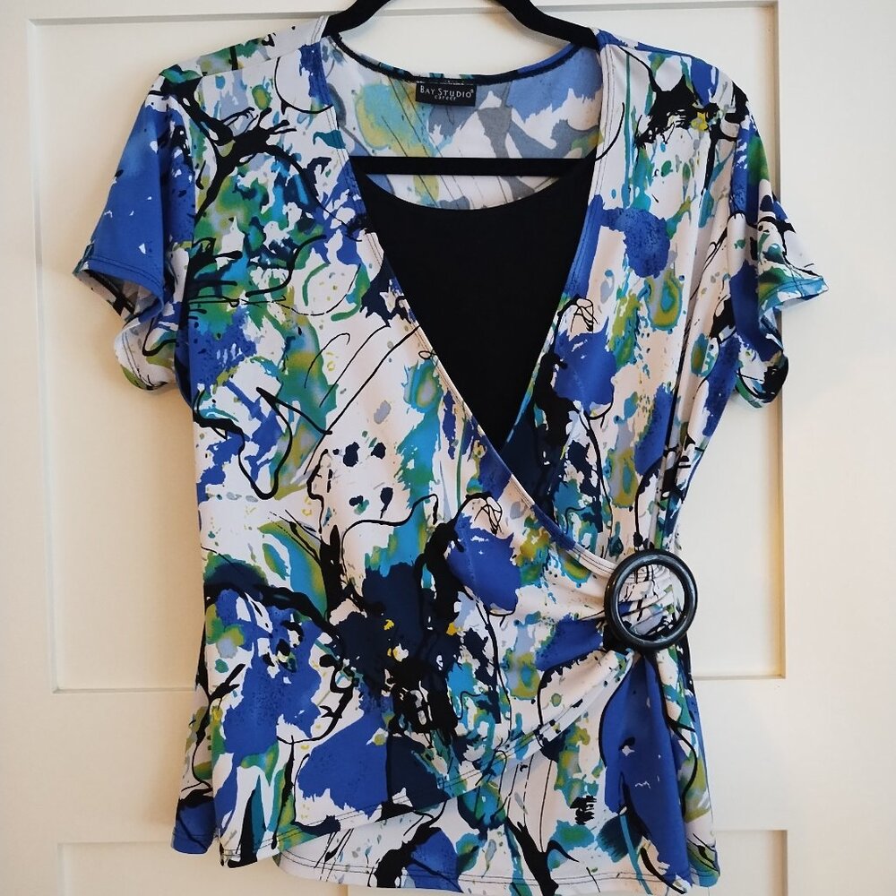 Bay Studio Career Blue White Black and Green Faux Wrap Top with Black Ring